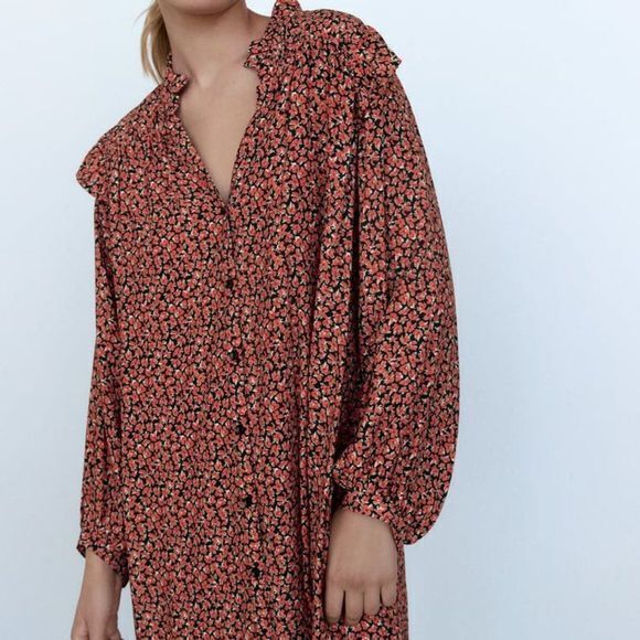 NEW Zara Red Floral Printed Button Ruffle Shoulder Long Sleeve Mini Dress SZ XS - Picture 2 of 7